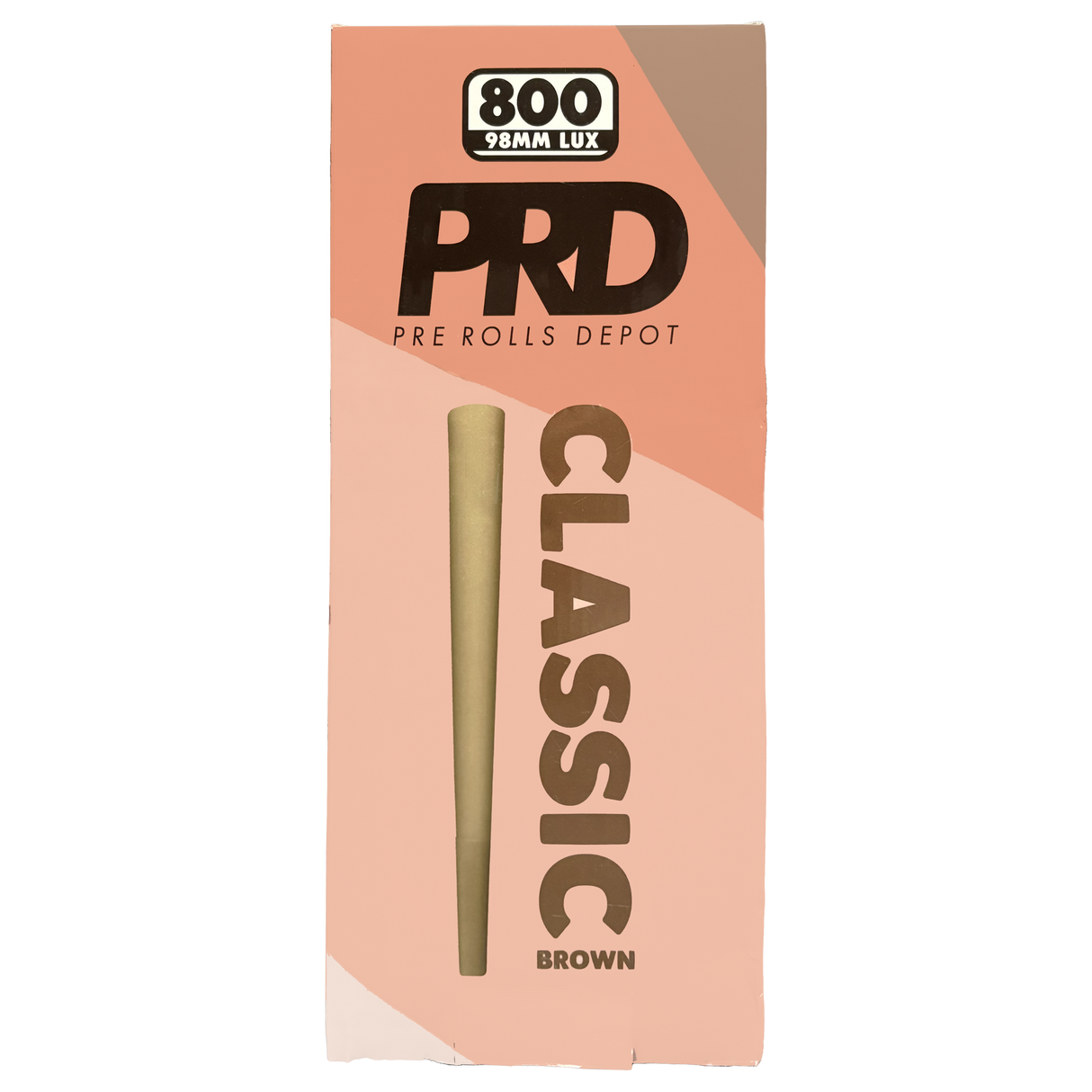 Front of the Pre Rolls Depot 98mm classic brown 800pc bulk box on a white background