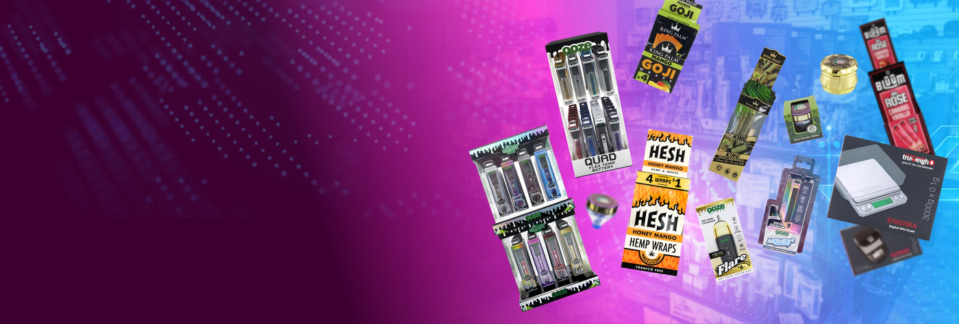 Cannatron Distro Deals Hero Banner. Featuring Various Ooze, King Palm, Hesh, Bluum, Truweigh, and Green Monkey Grinder Products floating over a pink and blue background.