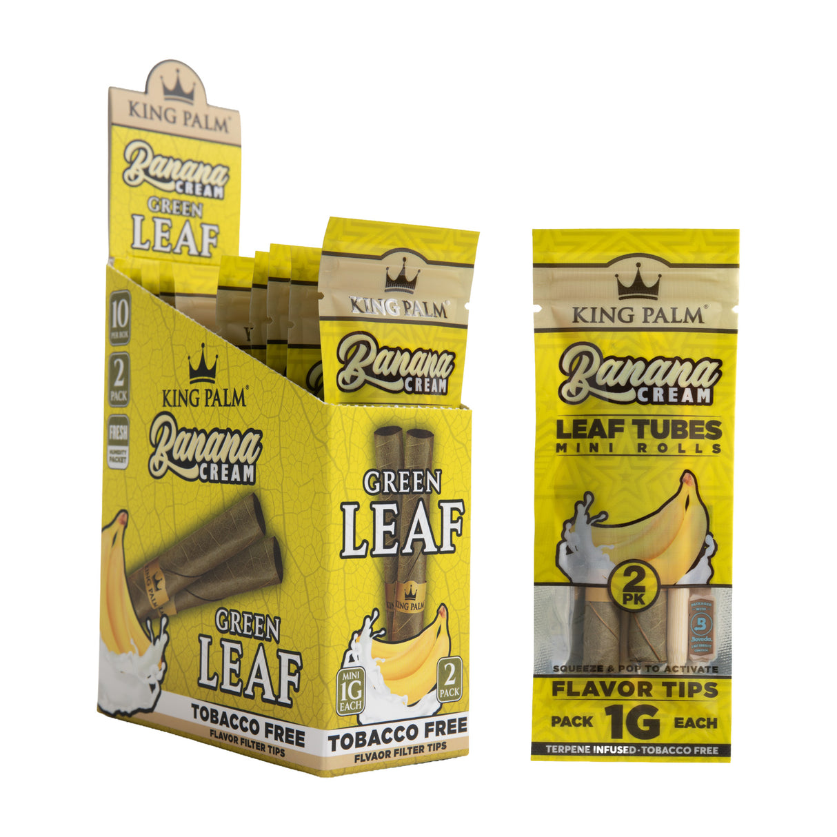 Angled view of the 10ct King Palm Banana Cream 1g Mini 2pk display next to a single pouch.
