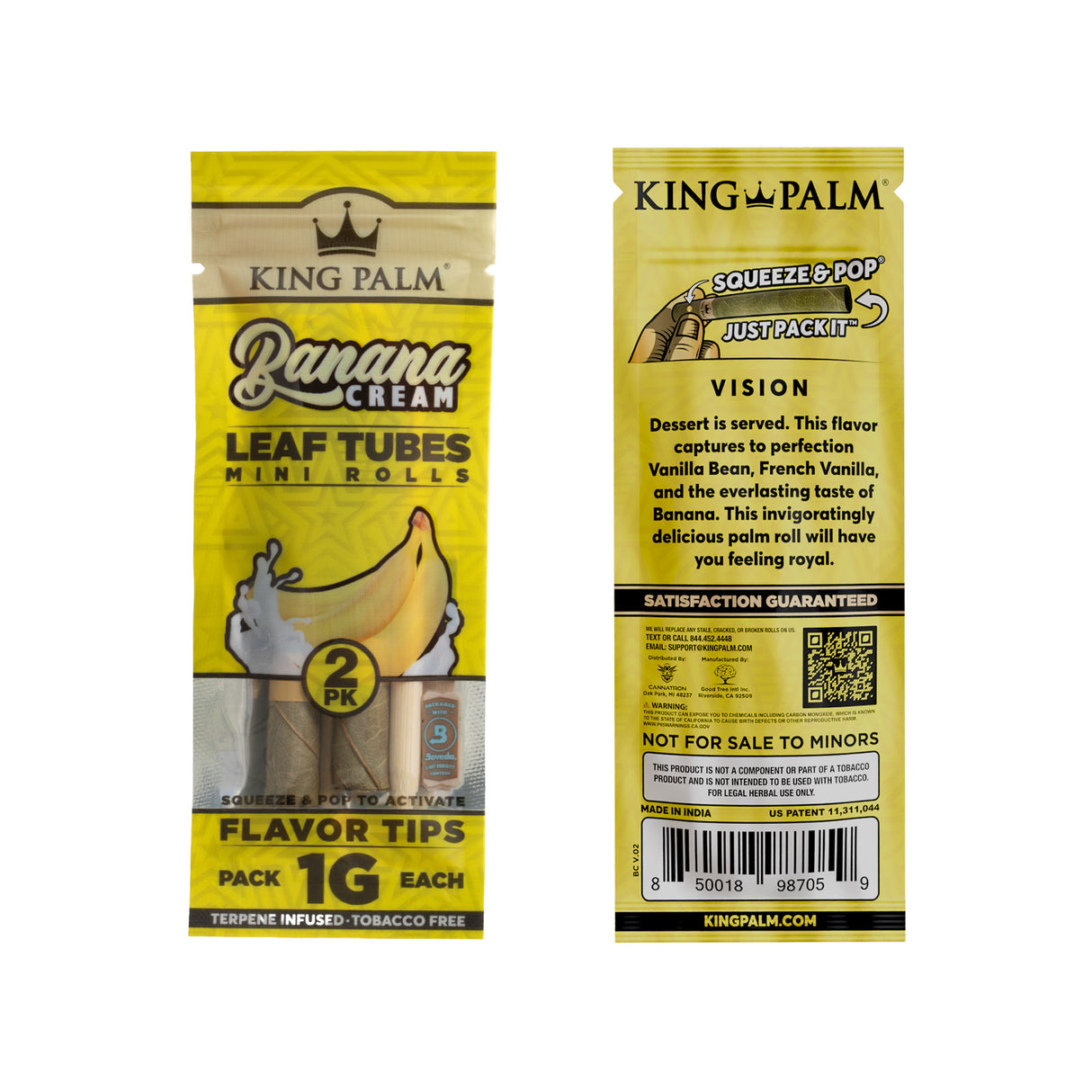 Front and back of a single 2pk pouch of King Palm Banana Cream 1g mini leaf tubes