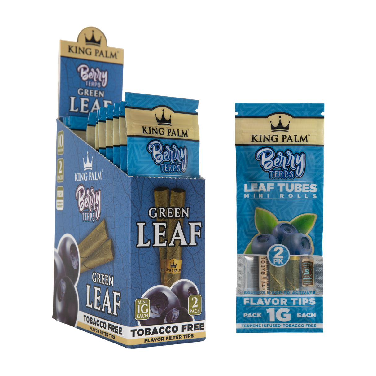 Angled view of the 10ct King Palm Berry Terps 1g Mini 2pk display next to a single pouch.