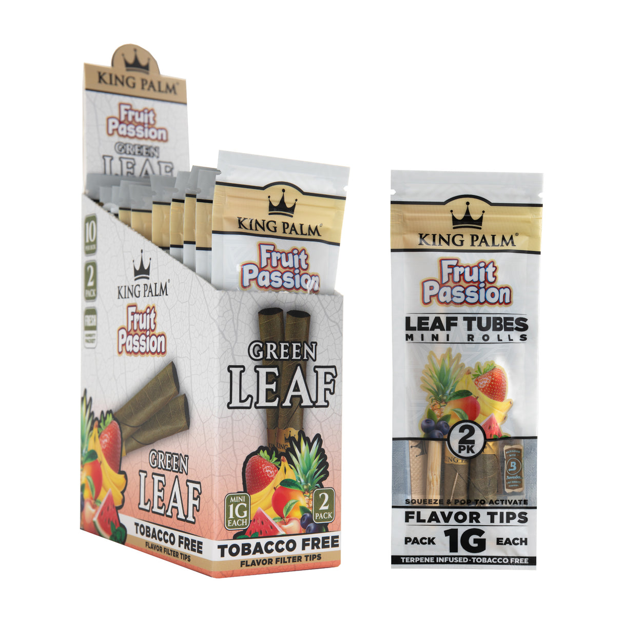 Angled view of the 10ct King Palm Fruit Passion 1g Mini 2pk display next to a single pouch.