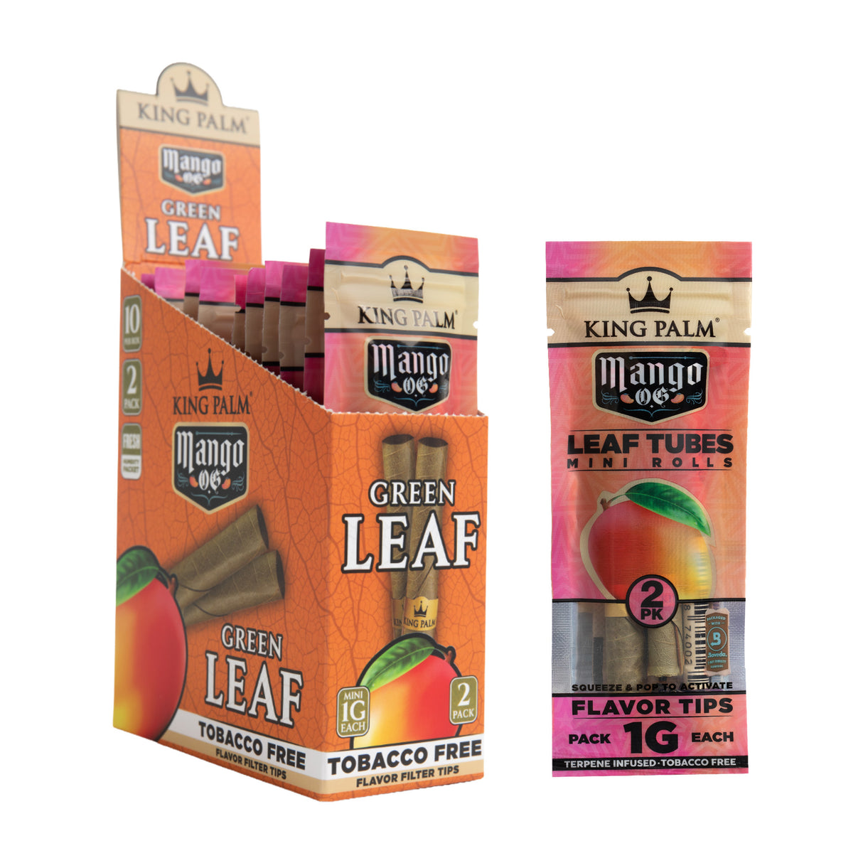 Angled view of the 10ct King Palm Mango OG 1g Mini 2pk display next to a single pouch.
