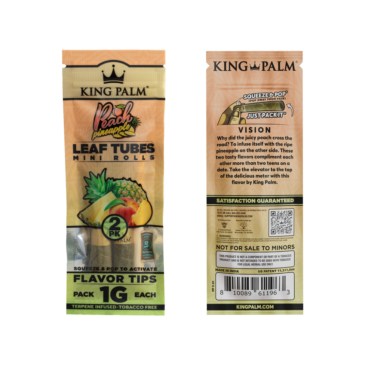 Front and back of a single 2pk pouch of King Palm Peach Pineapple 1g mini leaf tubes