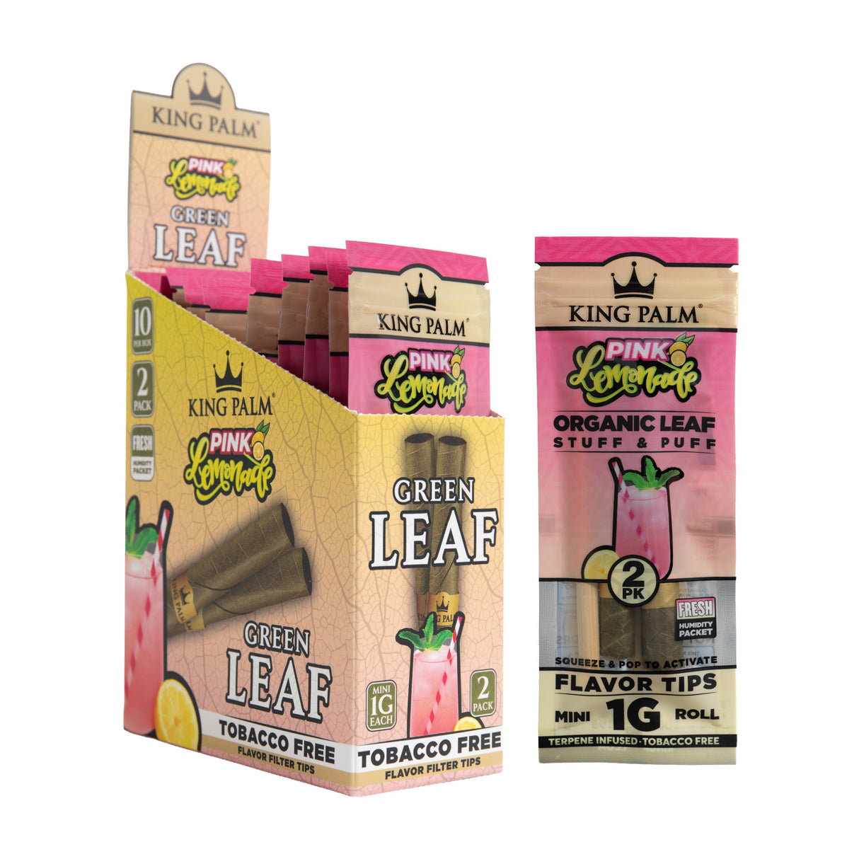 Angled view of the 10ct King Palm Pink Lemonade 1g Mini 2pk display next to a single pouch.
