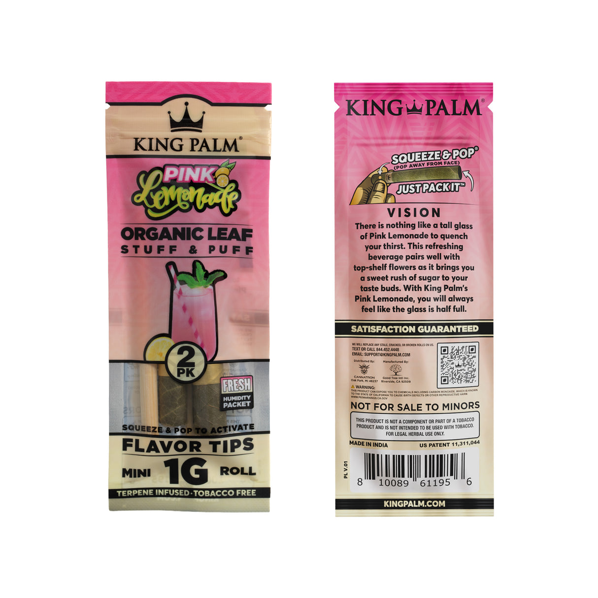 Front and back of a single 2pk pouch of King Palm Pink Lemonade 1g mini leaf tubes