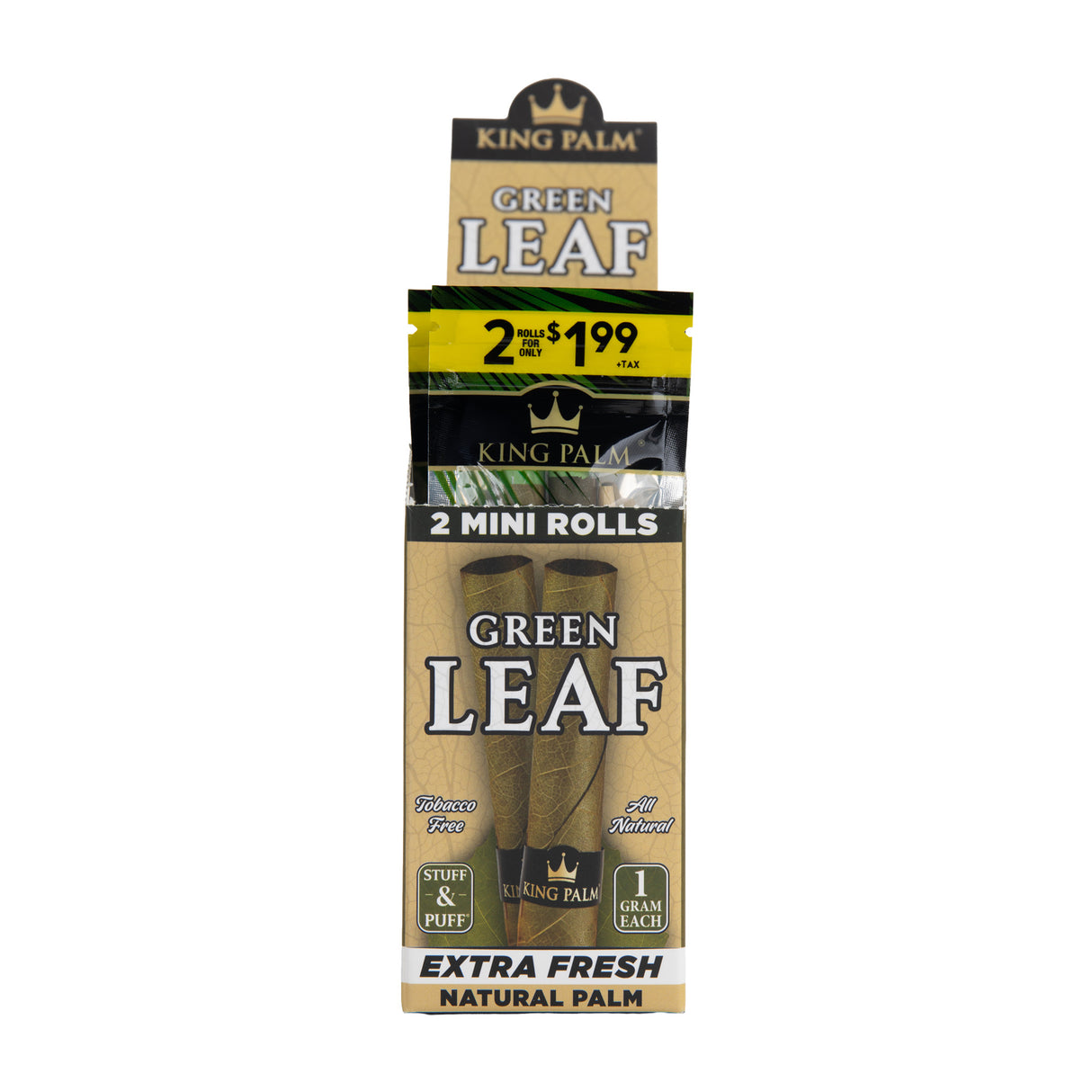 Front view of pre-priced $1.99 King Palm mini 1g leaf tubes 10ct display on a white background