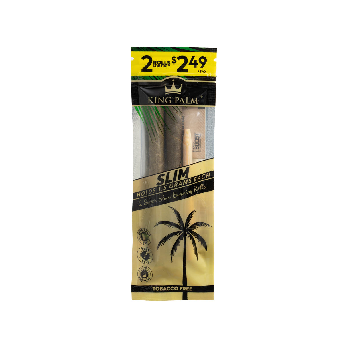 Single 2pk pouch of pre-priced $2.49 King Palm slim size leaf tubes