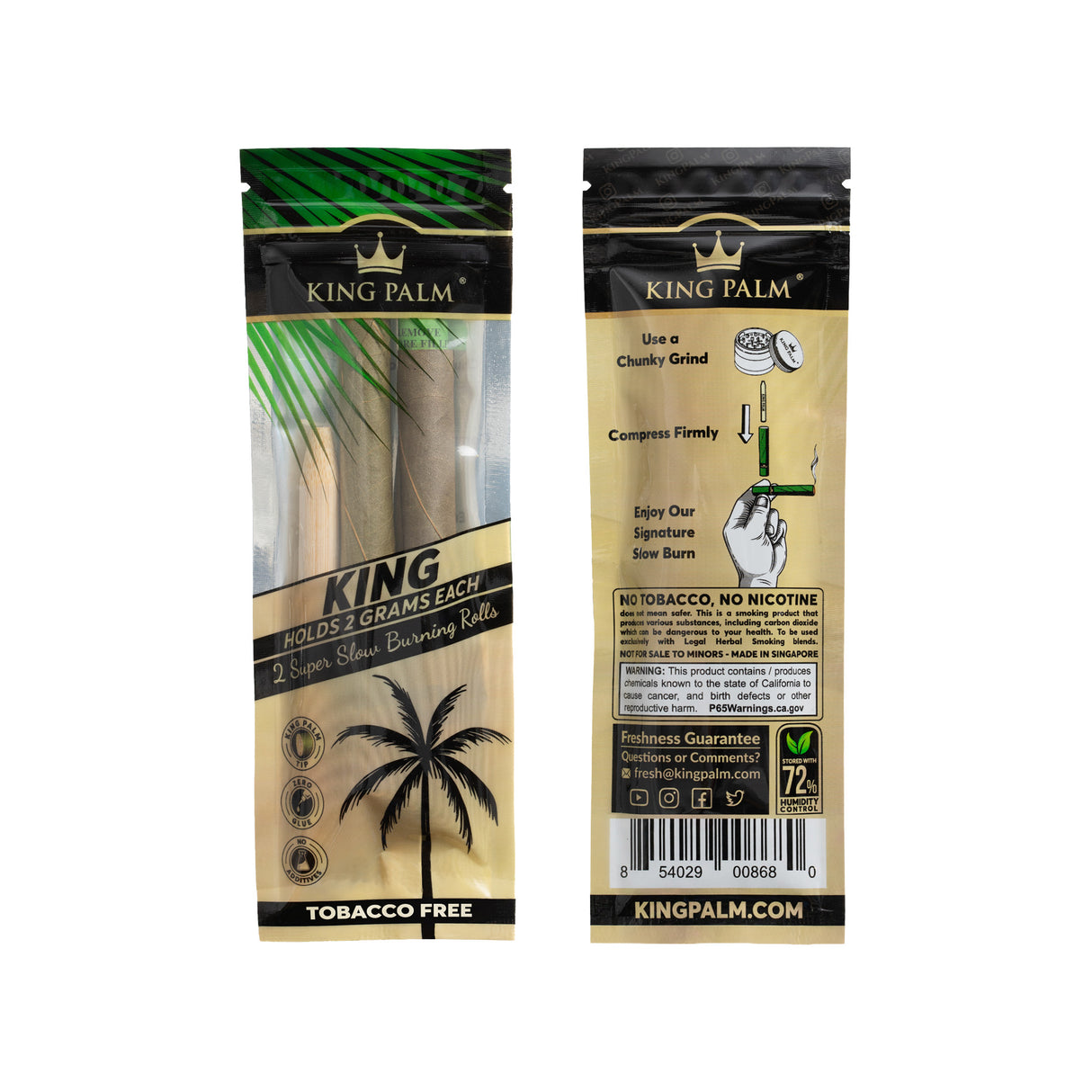 Front and back of a single 2pk pouch of King Palm king size leaf tubes