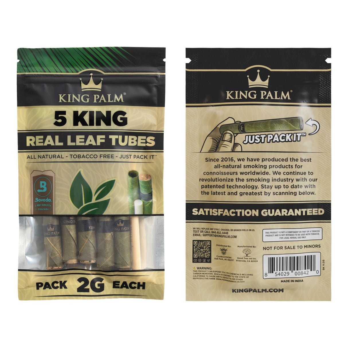 Front and back of a single 5pk pouch of King Palm king size leaf tubes