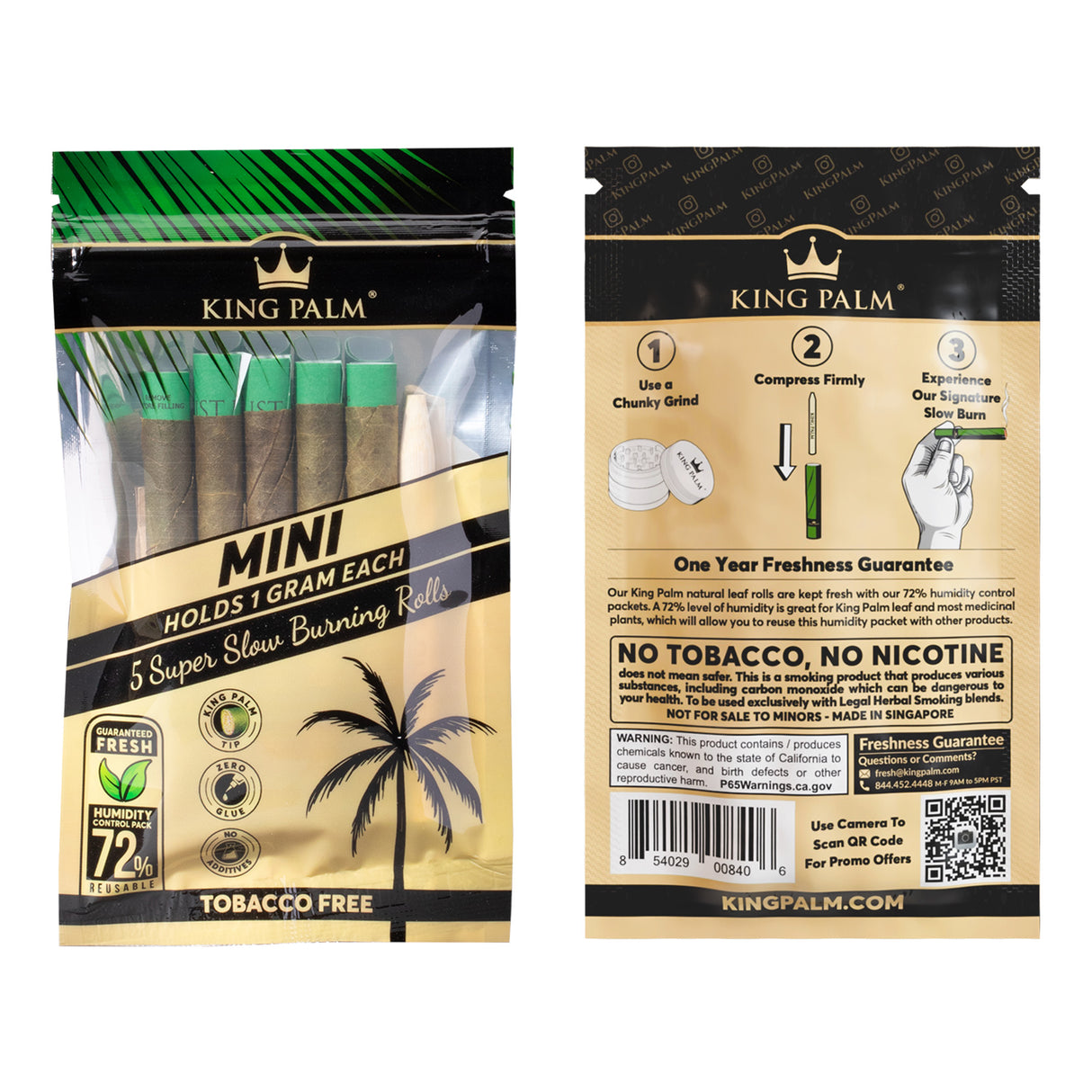 Front and back of a single 5pk pouch of King Palm mini 1g natural leaf tubes