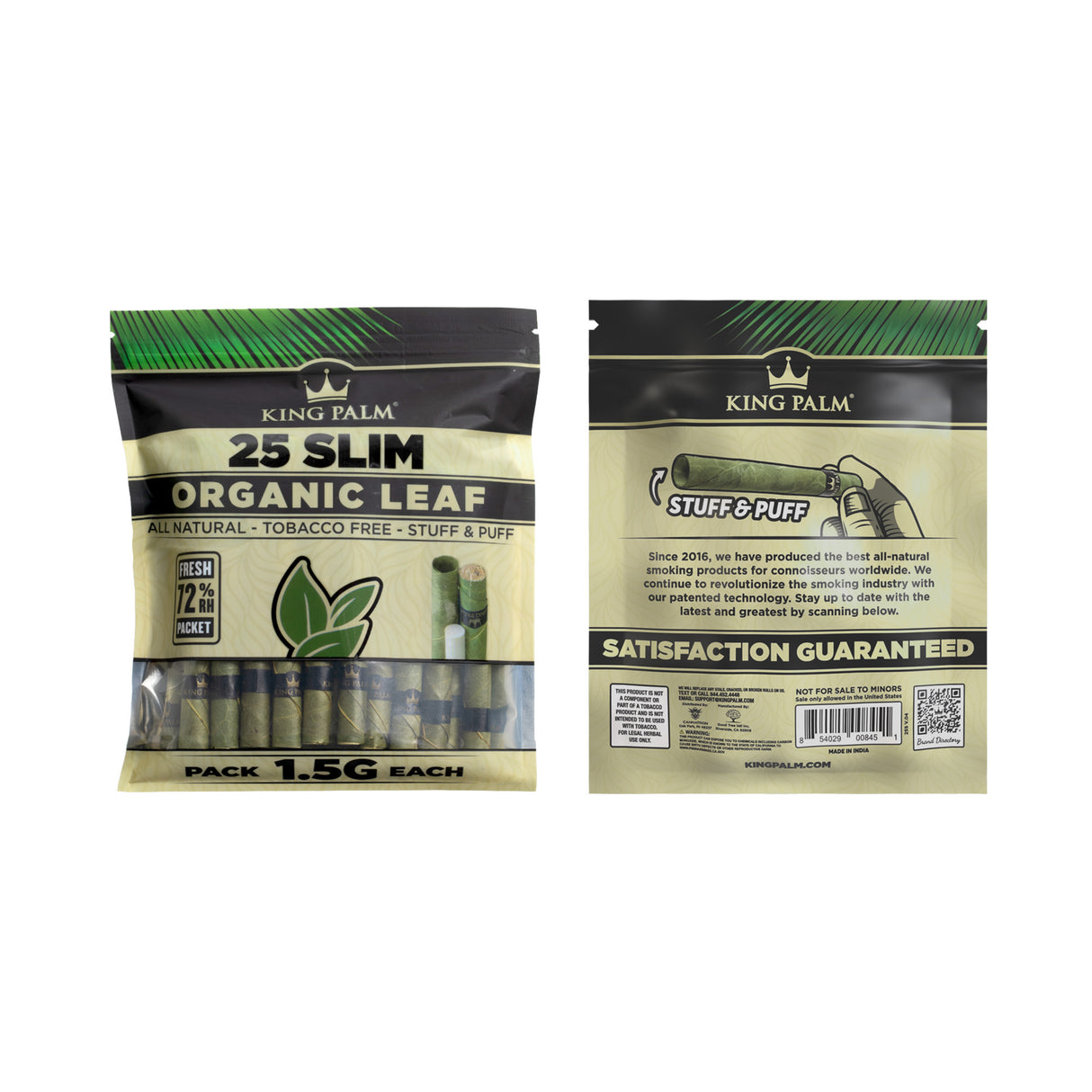 Front and back of a single 25pk pouch of King Palm bulk slim 1.5 natural leaf tubes