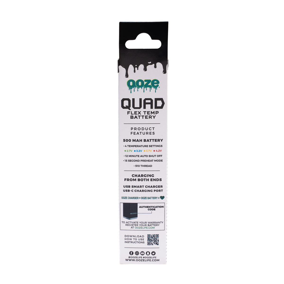 Ooze Quad 510 Thread 500 mAh Square Vape Pen Battery