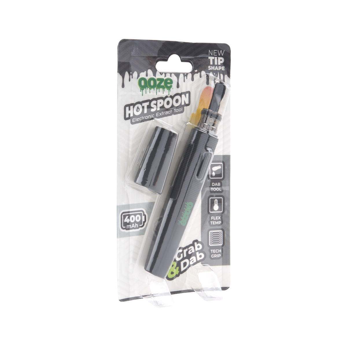 Angled view of panther black Ooze Hot Spoon extract tool in the packaging