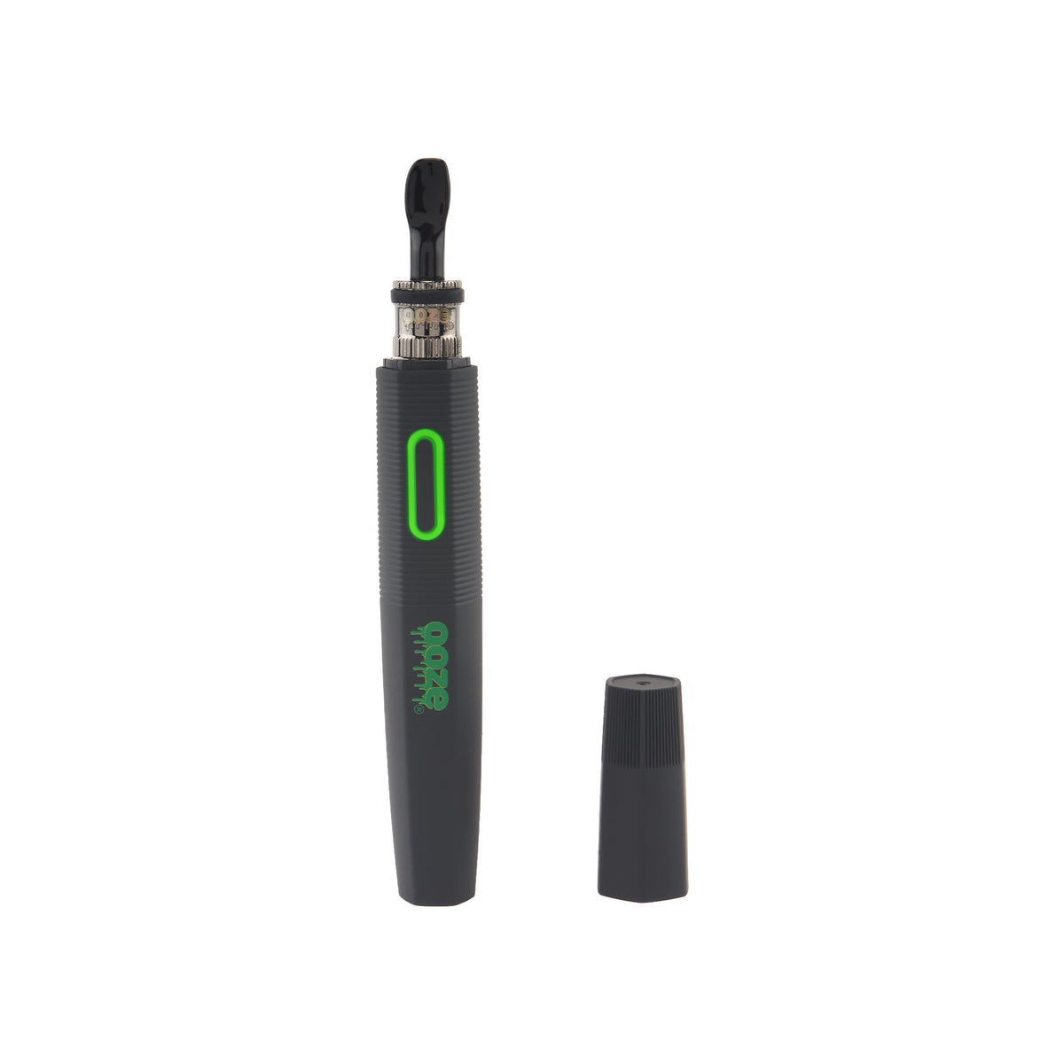 A black Ooze Hot Spoon is shown upright with the cap to the side and green light around the button, against a white background