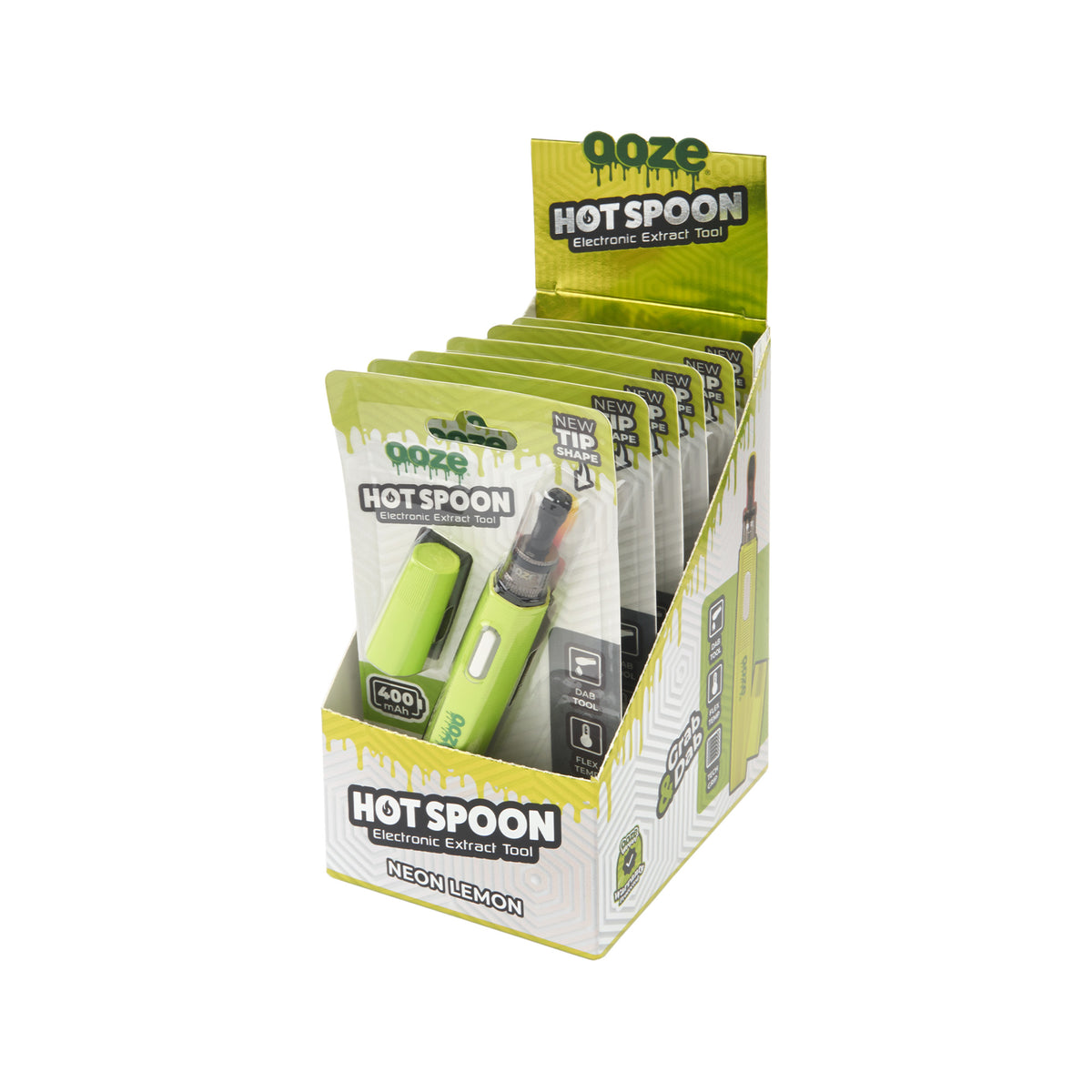 Angled view of the 6ct display of Neon Lemon Ooze Hot Spoons against a white background