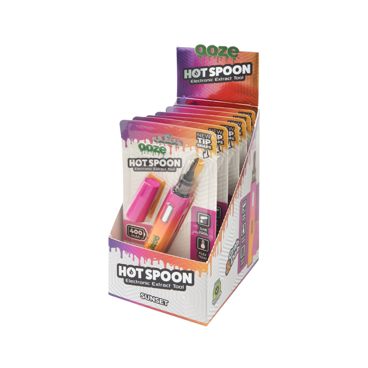 Angled view of a 6ct display of Sunset Ooze Hot Spoons