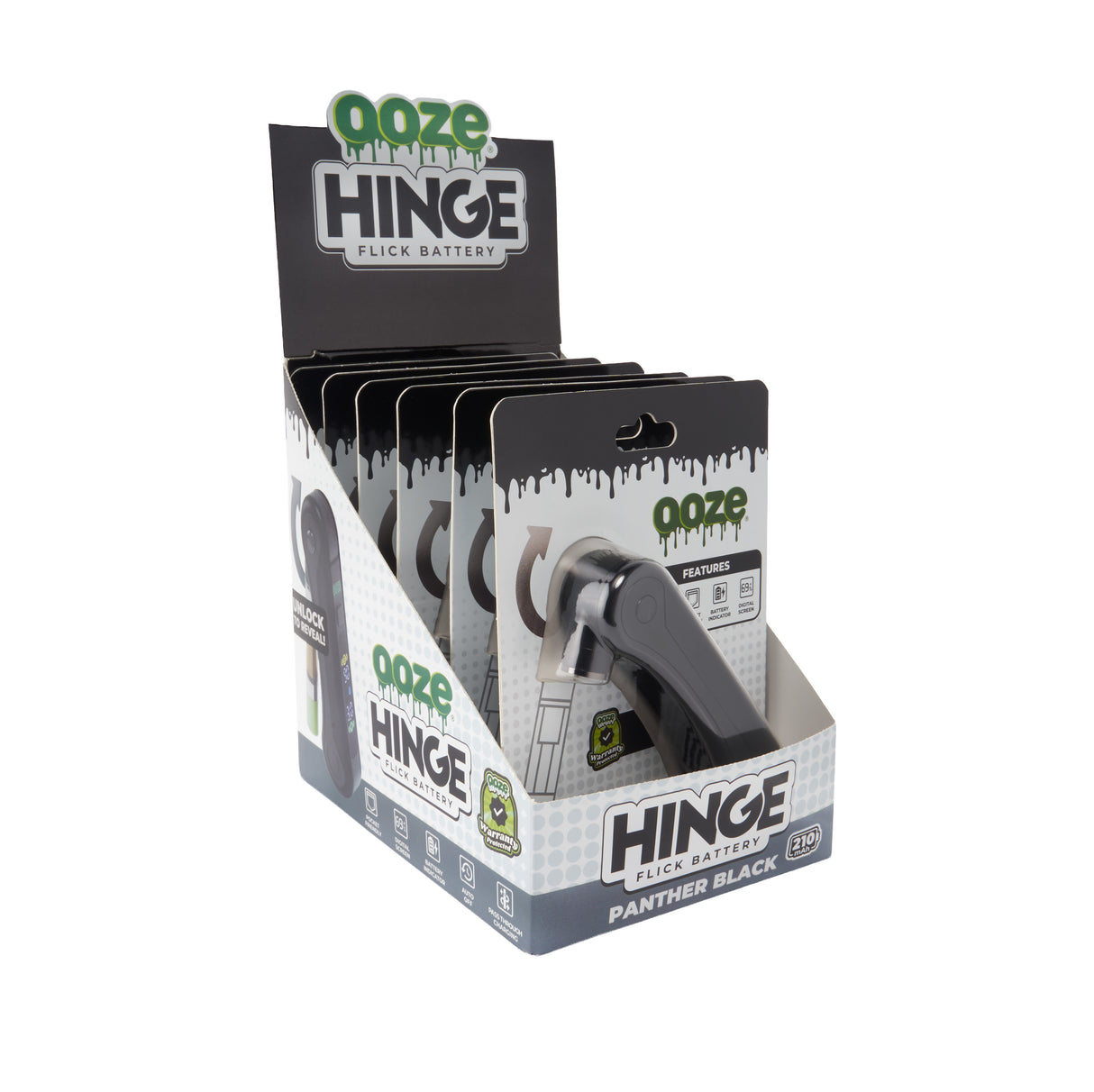 Display box of Ooze Hinge batteries with packaging design.