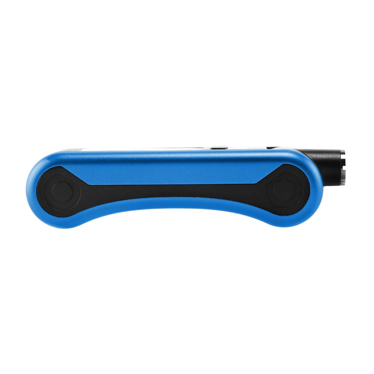 Side view of blue Hinge, 510 thread in use position