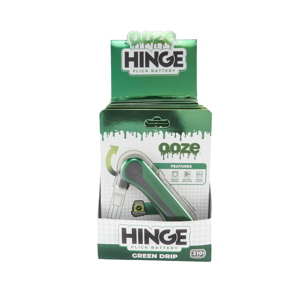 Box of green Ooze Hinge vape battery packaging on a white background