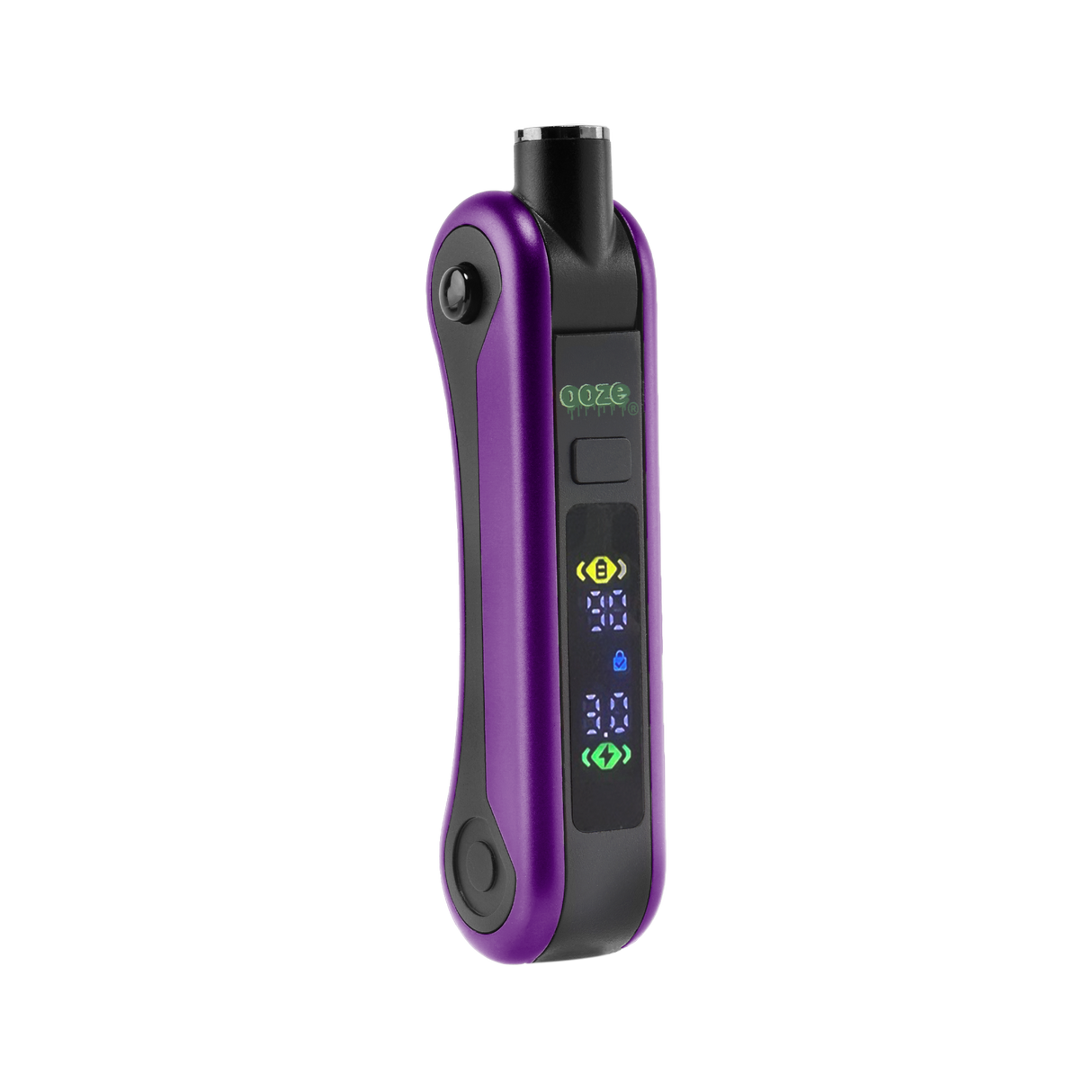 Angled view of purple Hinge vape battery, digital screen turned on and 510 thread in use position