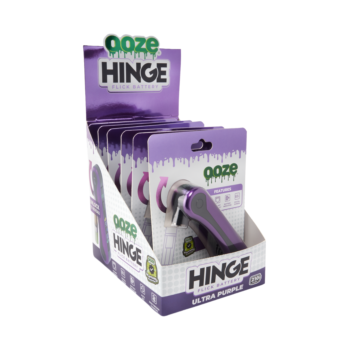 Ooze Hinge packaging display with purple and white design on a white background