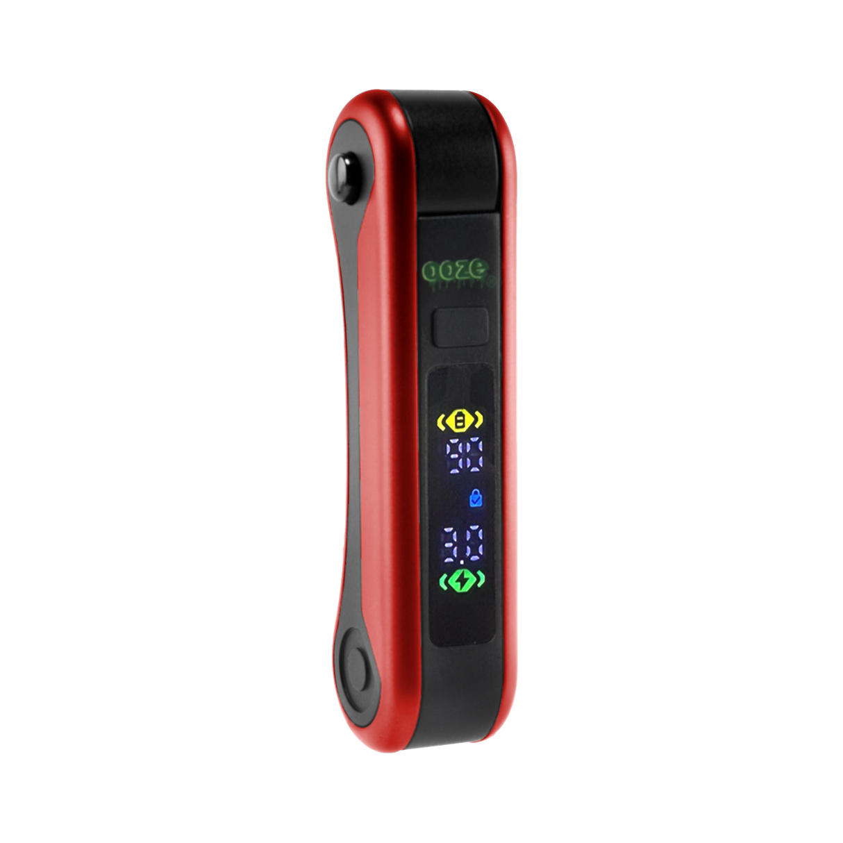 Angled view of red Hinge vape battery, digital screen turned on and 510 thread in closed position