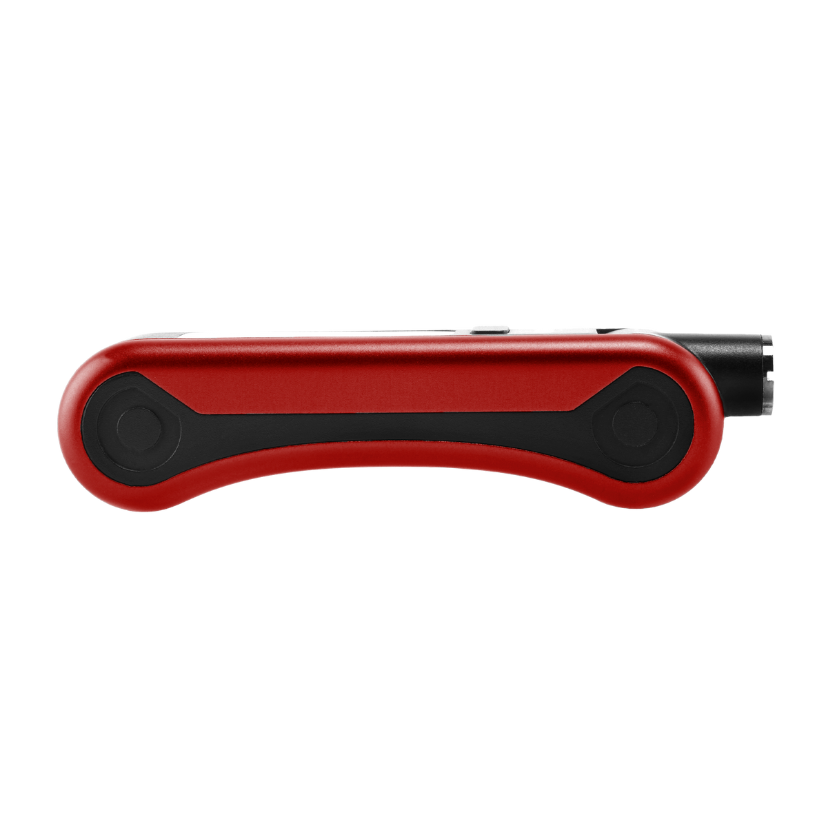 Side view of red Hinge vape battery, 510 thread in use position