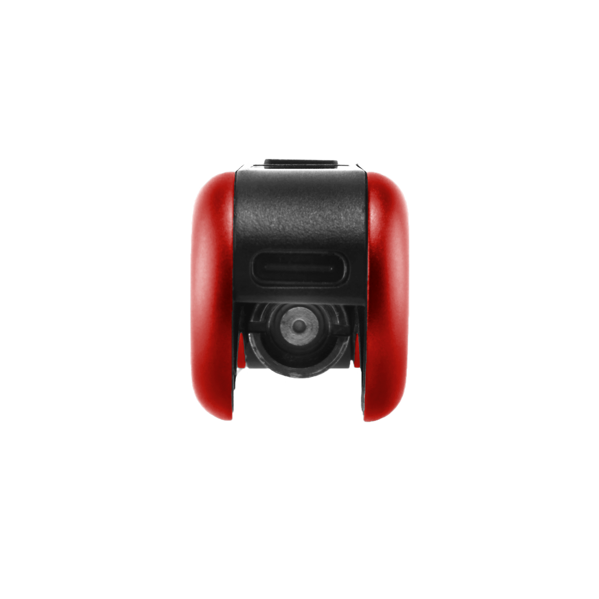 Bottom view of red Hinge battery, showing type-c port