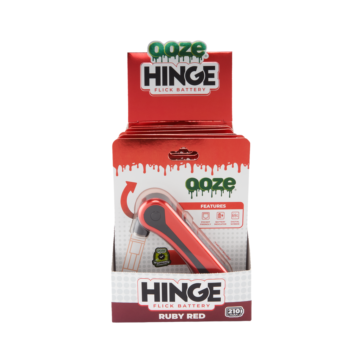 Box of Ooze Hinge Ruby Red batteries on a white background