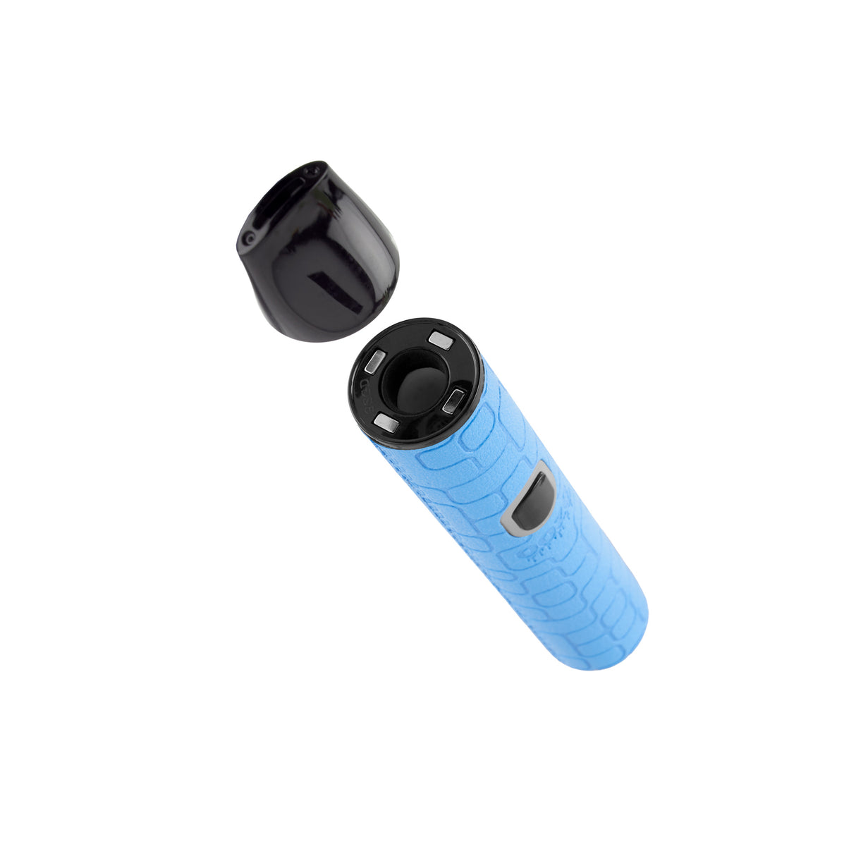 Angled view of blue PInch dry herb vape with cap removed to show ceramic chamber
