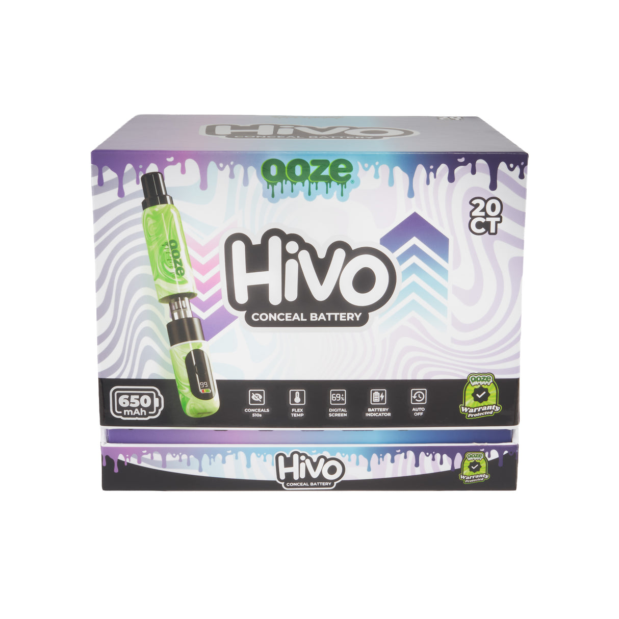 Front view of the closed Ooze Hivo conceal battery 20ct display against a white background