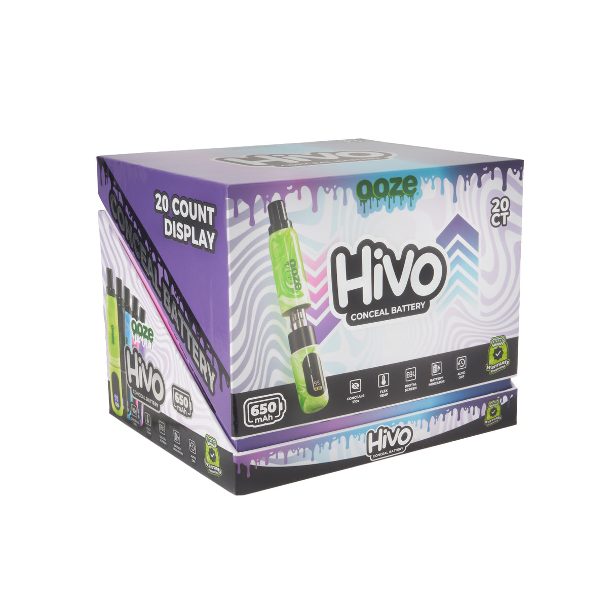 Angled view of the closed Ooze Hivo conceal battery 20ct display against a white background