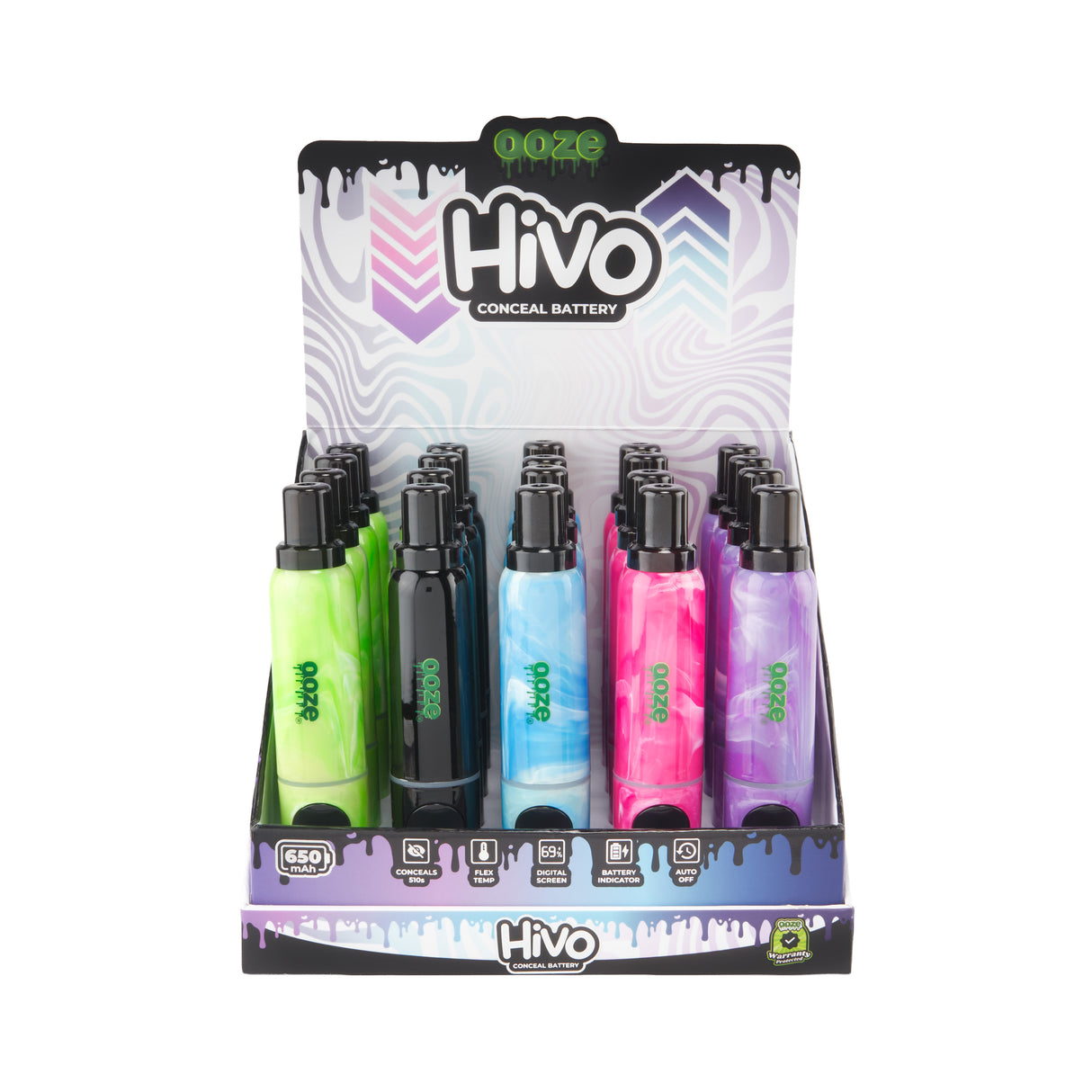 Front view of the open Ooze Hivo conceal battery 20ct display on a white background