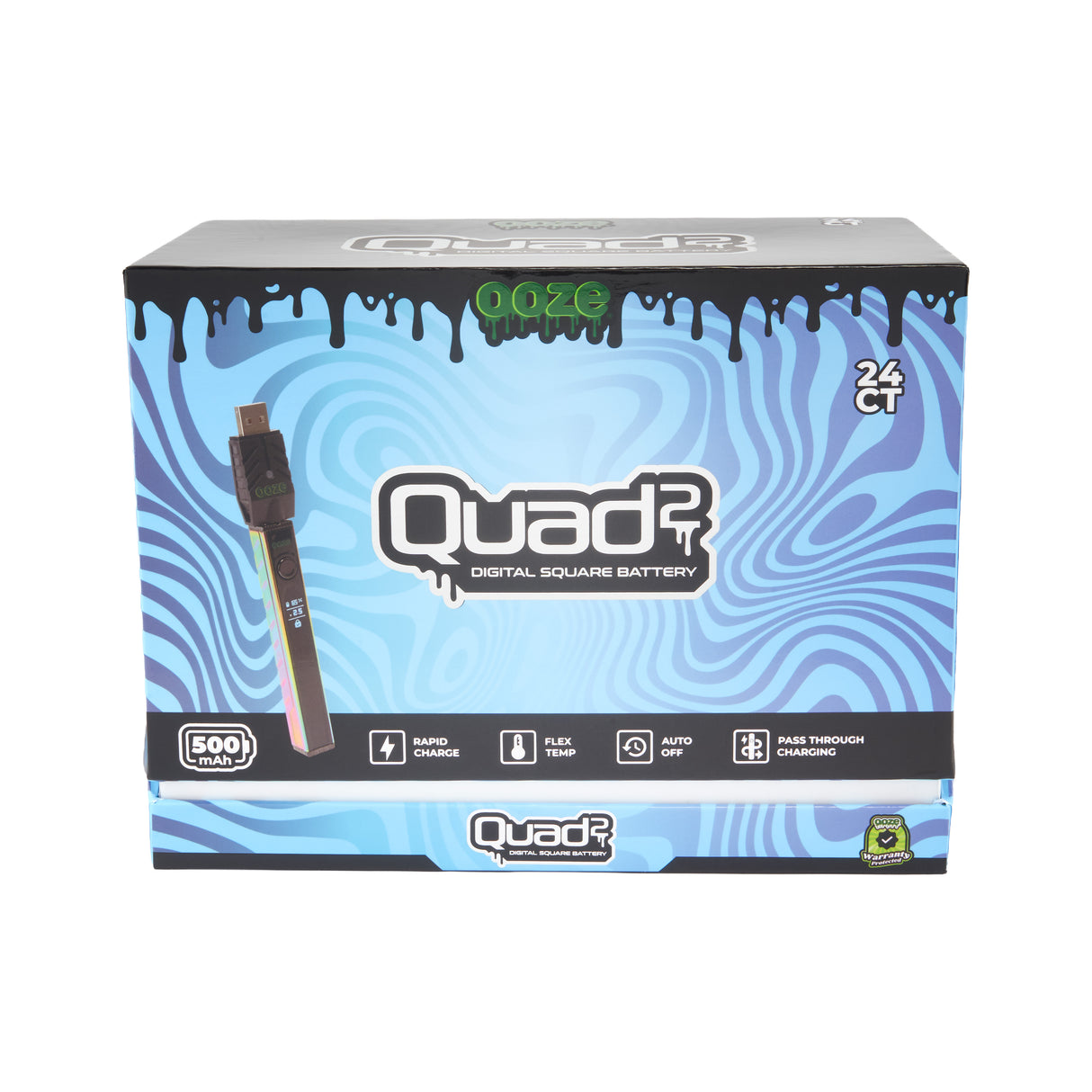 Front view of the closed Ooze Quad 2 24ct square vape battery display on a white background