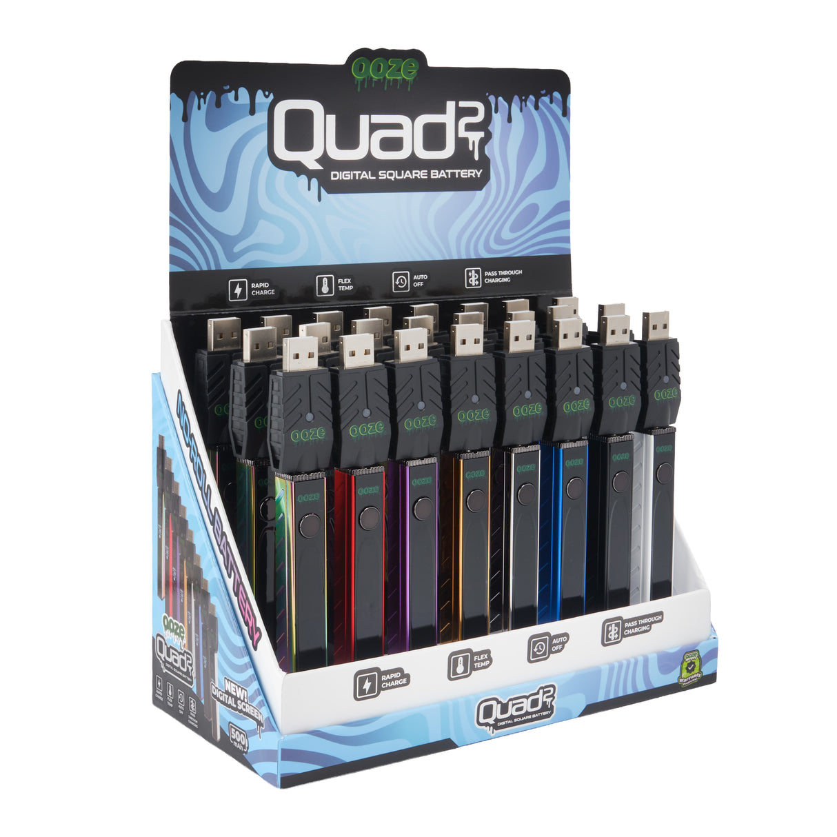 Angled view of the open Ooze Quad 2 24ct square vape battery display against a white background