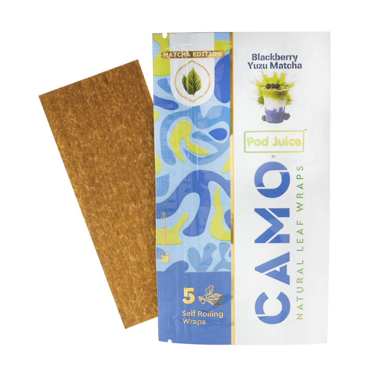 Single pouch of Camo x Pod Juice blackberry yuzu matcha wraps with a wrap shown behind it