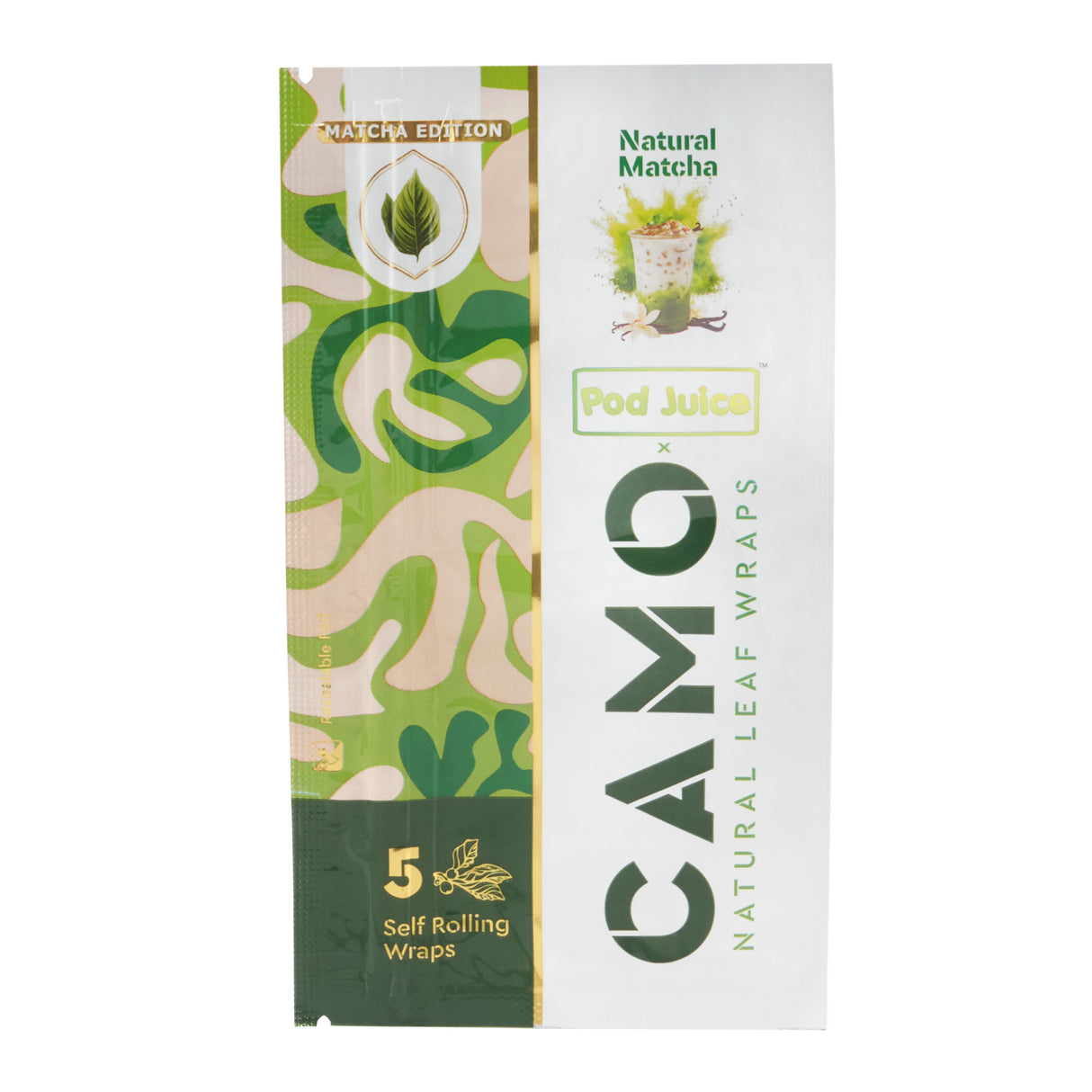 A 5pk pouch of Camo x Pod Juice natural matcha wraps on a white background