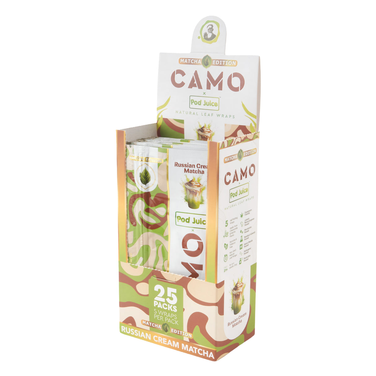 Angled view of a 25ct display of Camo x Pod Juice Russian cream matcha wraps on a white background