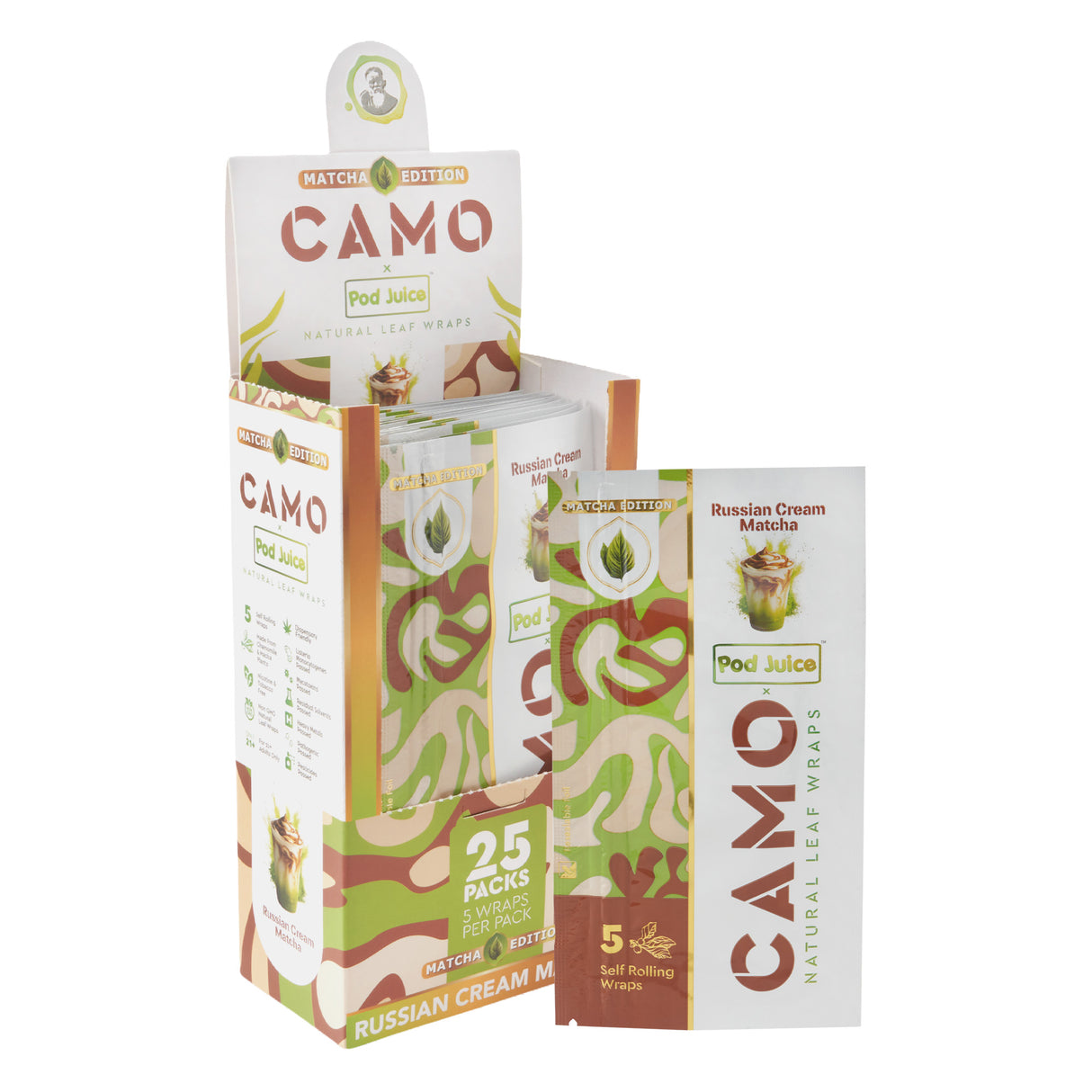 Angled view of a 25ct display of Camo x Pod Juice russian cream matcha wraps with a single 5pk pouch to the side