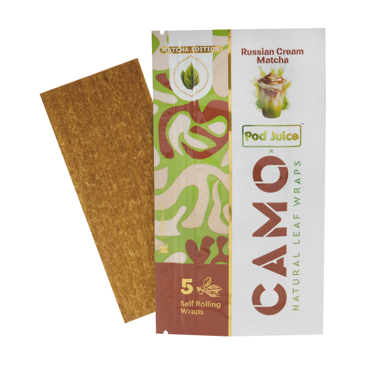 A 5pk pouch of Camo x Pod Juice Russian cream matcha wraps with a single wrap behind it