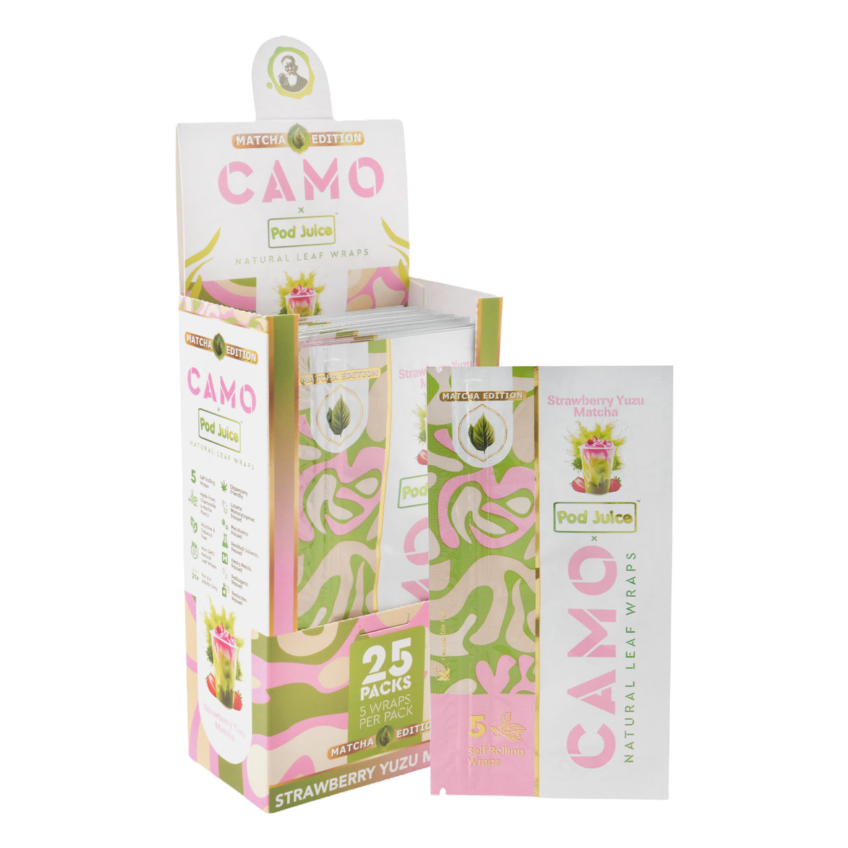 Angled view of a 25ct display of Camo x Pod Juice strawberry yuzu matcha wraps with a single 5pk pouch to the side