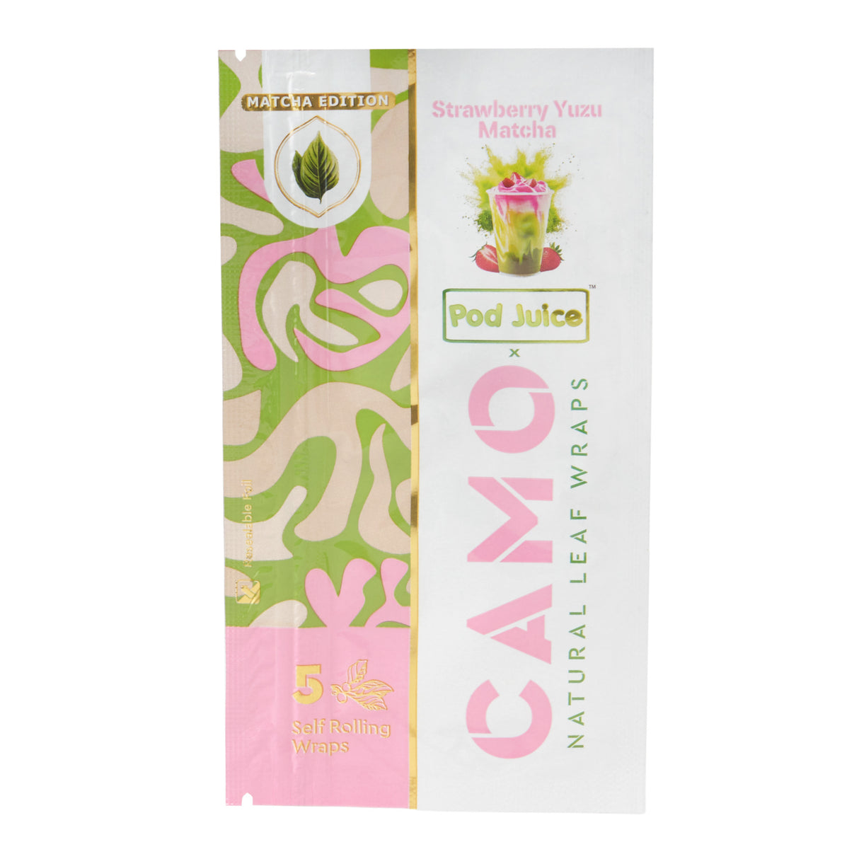 A 5pk pouch of Camo x Pod Juice strawberry yuzu matcha wraps