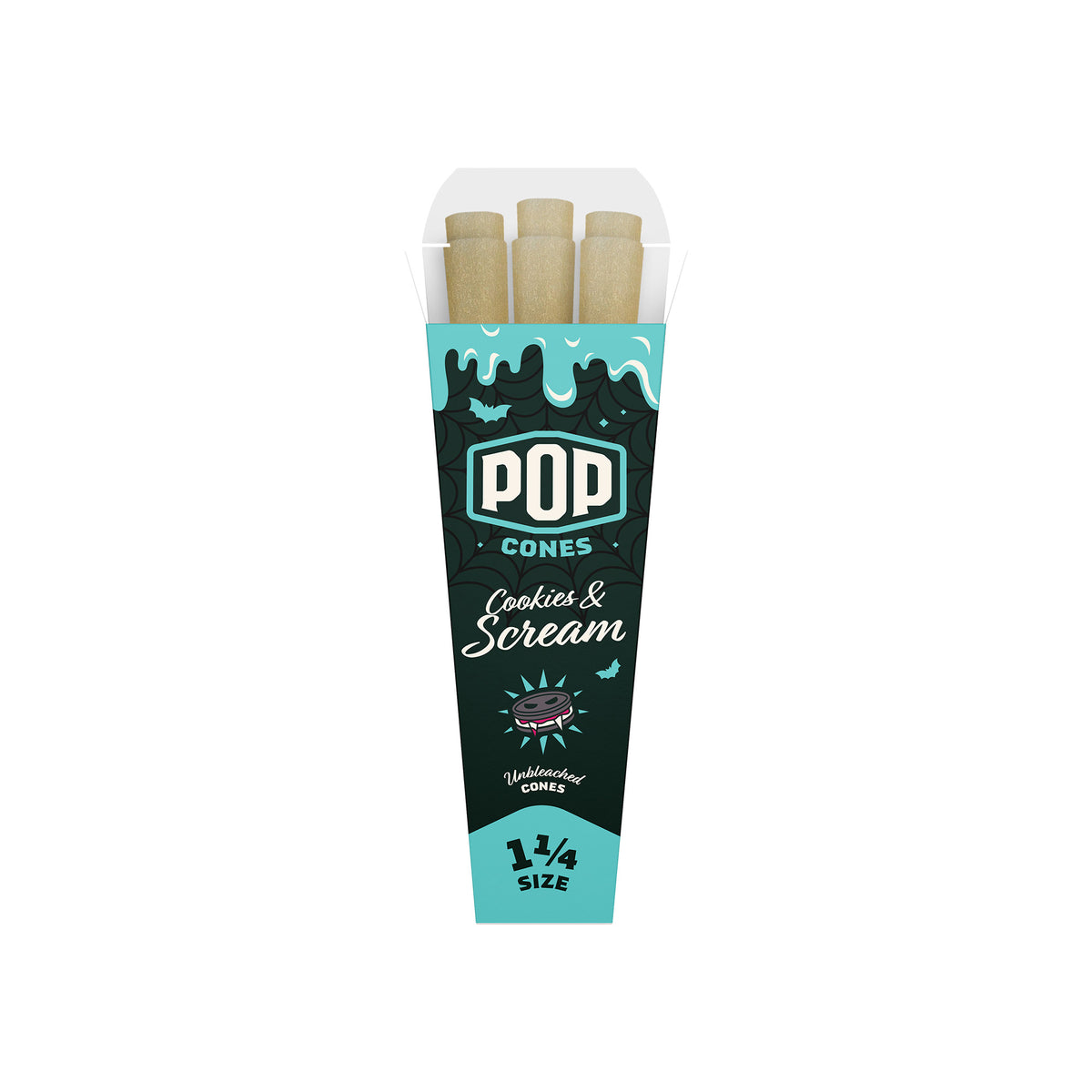 A single 6-pack of 1 1/4 size Pop Cones flavored pre-rolled cones in Cookies & Scream flavor.