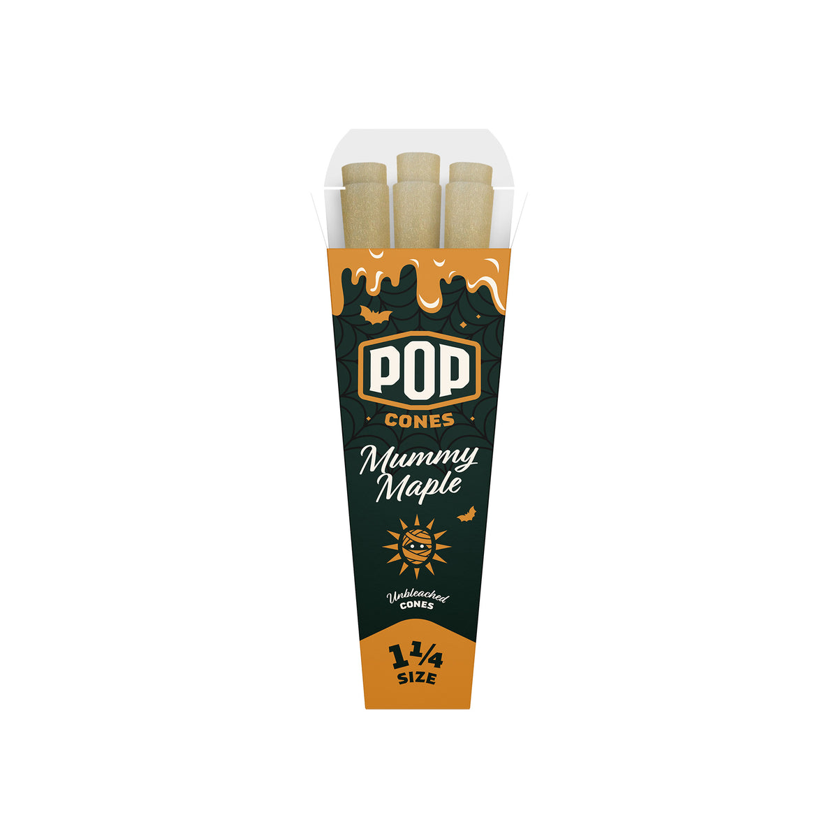 A single 6-pack of 1 1/4 size Pop Cones flavored pre-rolled cones in Mummy Maple flavor.