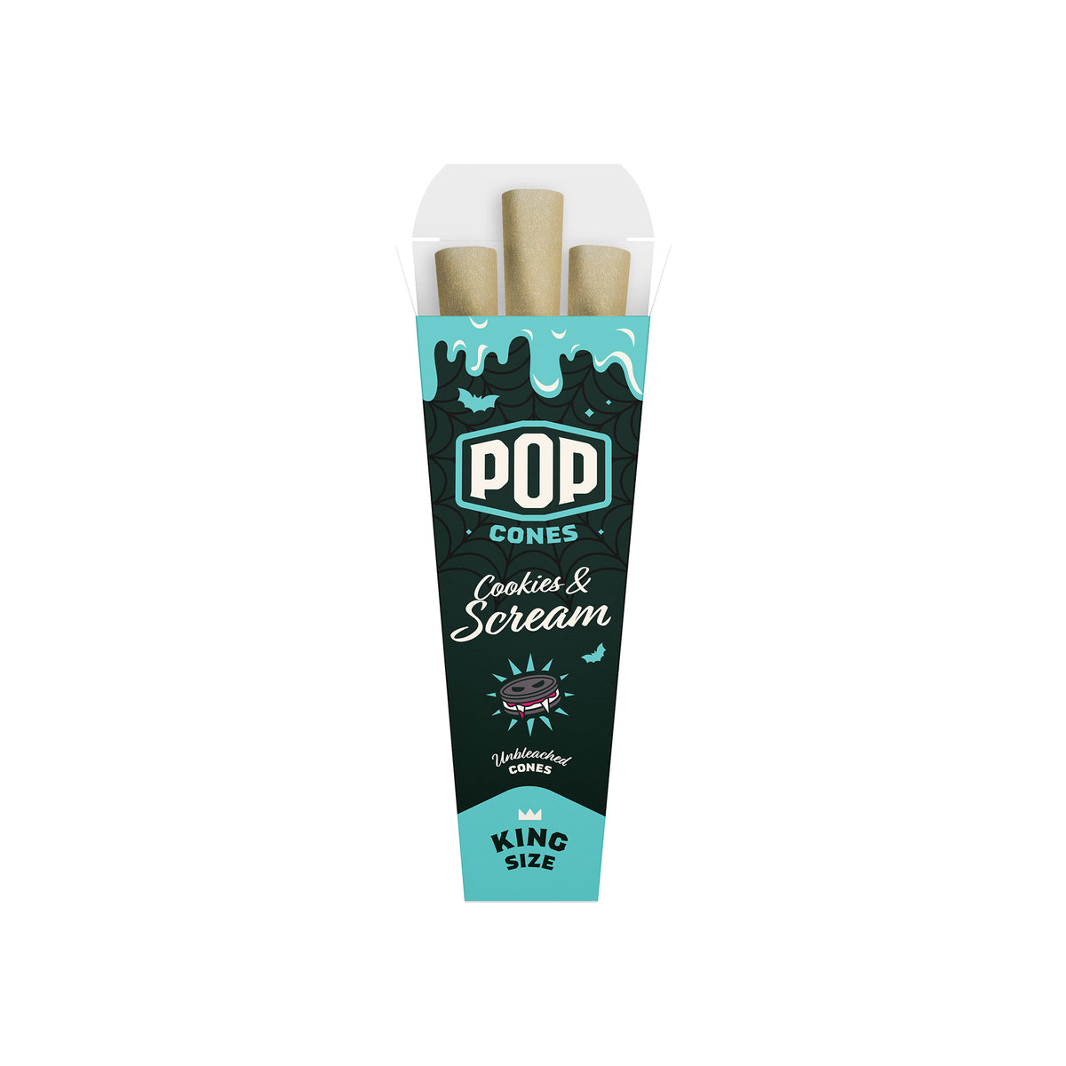Single 3-pack box of Pop Cones king size pre-rolled cones in Cookies & Scream flavor