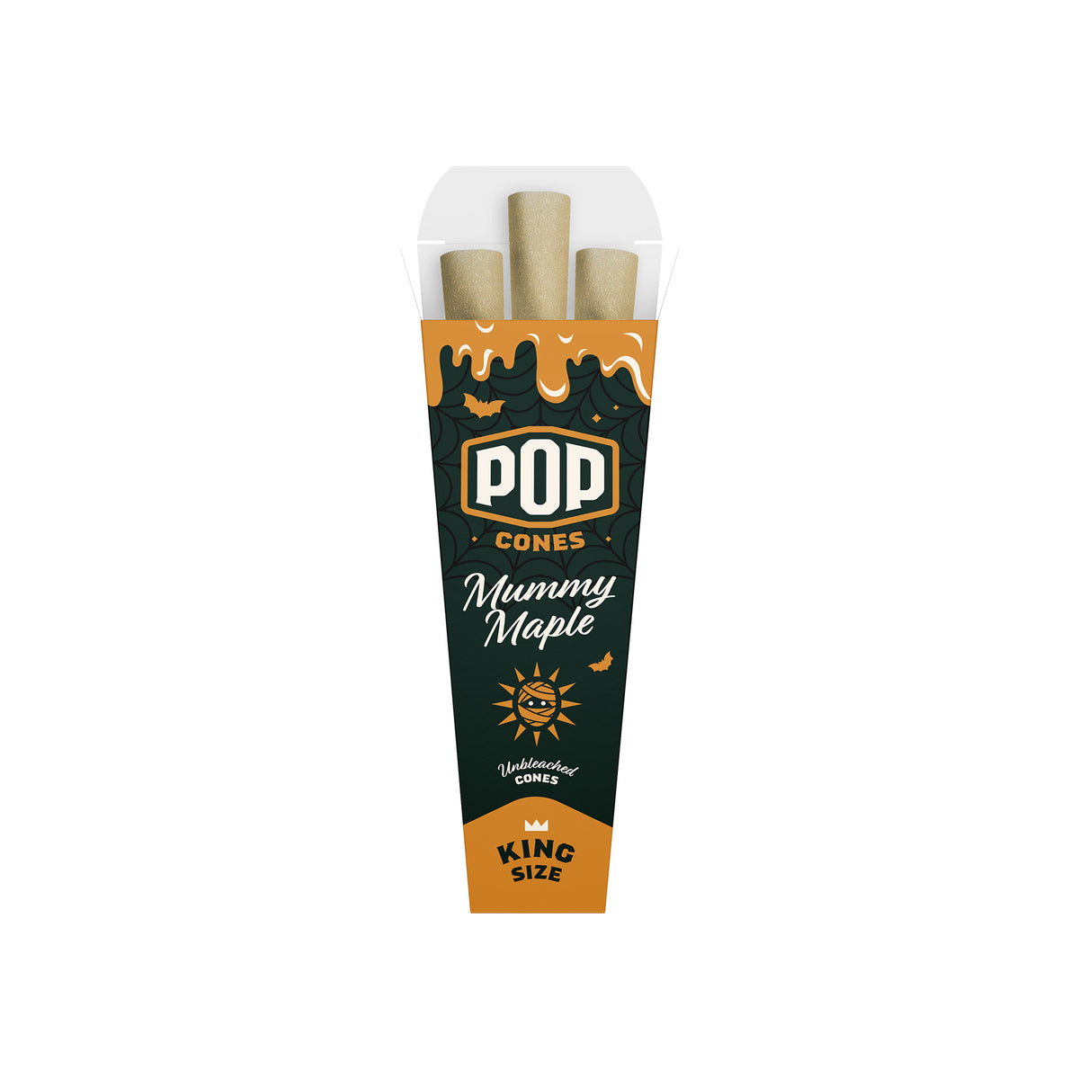 Single 3-pack box of Pop Cones king size pre-rolled cones in Mummy Maple flavor