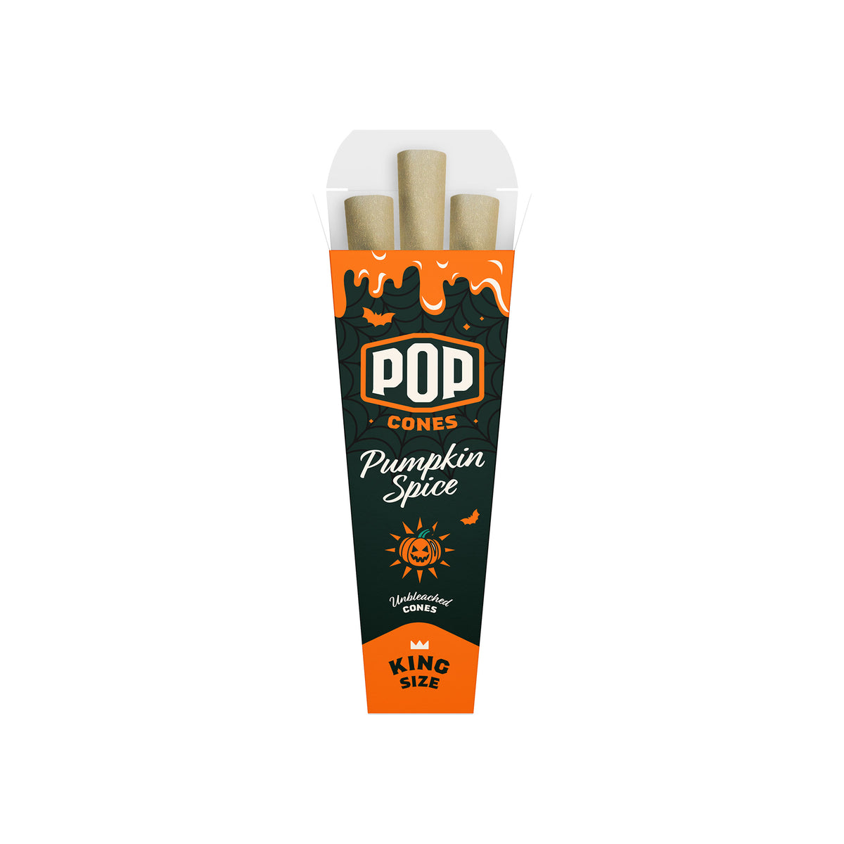 Single 3-pack box of Pop Cones king size pre-rolled cones in Pumpkin Spice flavor