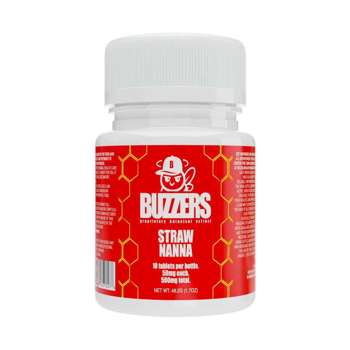 Bottle of Buzzers strawnana-flavored cat's claw extract tablets on a white background