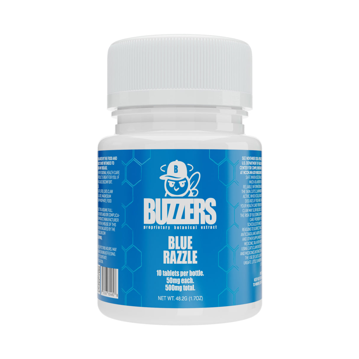 Bottle of Buzzers blue razzle-flavored cat's claw extract tablets on a white background